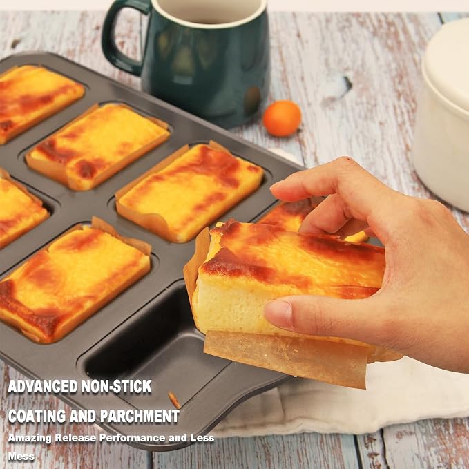 Mini Loaf Baking Pans Set 8-Cavity with 200 PCS Parchment Liners, Nonstick Bakeware Rectangle Bread Pan, Heavy Duty Banana Bread Pan, Grey
