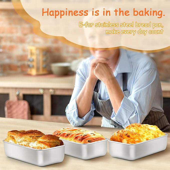 E-far Loaf Pan for Baking Bread, 9 x 5 Inch Stainless Steel Bread Pan | Non-Toxic Bread Tins for Homemade Banana Cake Meatloaf Brownies, Healthy & Easy Release, Dishwasher Safe