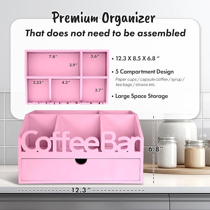 Coffee Bar Organizer Countertop, Wood Coffee Station with Drawer, Pink | K-Cups, Tea Bags, Sugar Packets & Creamers