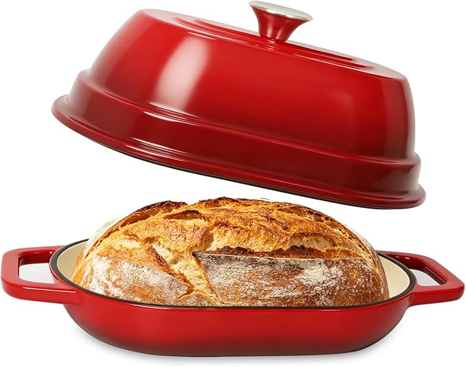 Wdmiya Dutch Oven for Sourdough Bread Baking, Shallow Base & Dome Lid 5 QT | Enameled Cast Iron Bread Baker for Batards & Boules, Easy-Clean Enamel, 500°F Oven Safe, Red, 11.5" x 7.8"