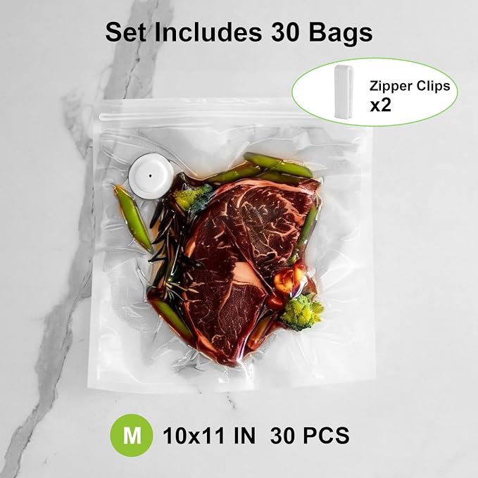 URPOWER Reusable Vacuum Sealer Bags for Food Storage, 30 PCS with 2 Clips | 10x11 Inch Size, Designed for Sous Vide Cooking, Freezer Storage, Meal Prep and Kitchen Organization
