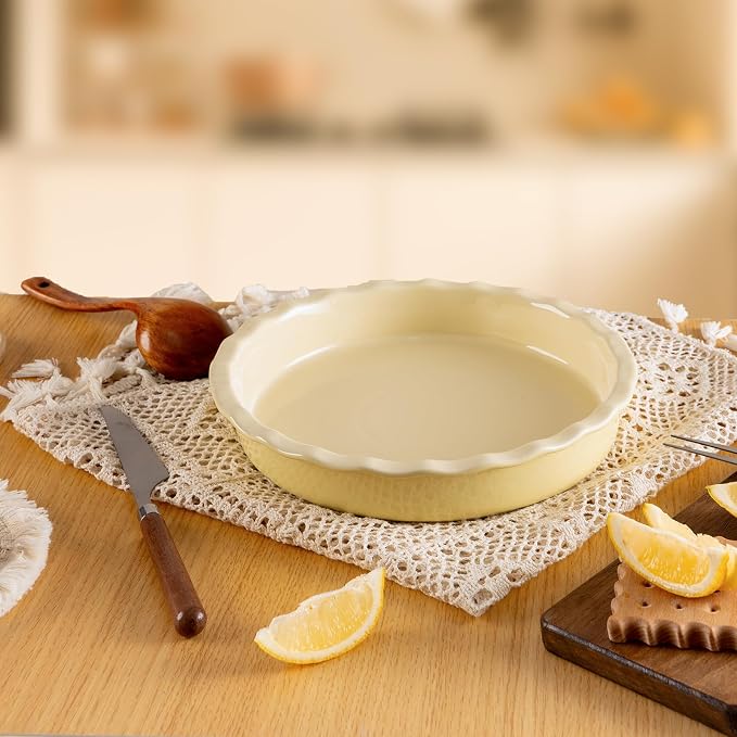 Ceramic Pie Pan for Baking 10 inch, Pie dish for Quiche, Apple Pie, Pot Pies, Deep dish pie plate with ruffled edges, Non-stick Cake Pan, Microwave,Dishwasher,and Oven Safe, Butter Yellow