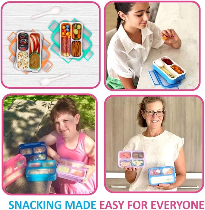 kinsho Small Snack Box Containers for Kids Toddlers, Set of 2 (Pink+Purple) | 3 Compartments, Leak-Proof, Spill Proof, BPA-Free Reusable Small Mini Bento Lunch Box for Daycare School Travel, Holds 2 Cups