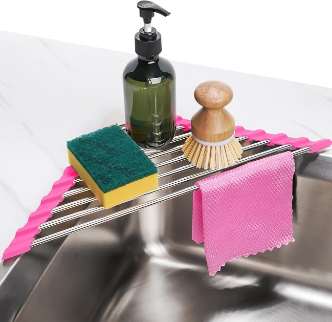 Tomorotec Triangle Roll Up Dish Drying Rack 304 Stainless Steel Rose | BPA-Free Food-Grade Silicone Edges Foldable Waterproof Rustproof Heavy-Duty Space Saver Heat Resistant to 550°F