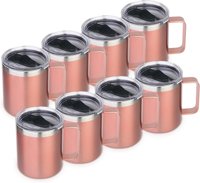 Volhoply 14oz Insulated Stainless Steel Coffee Mug with Lid Bulk 8 Pack,Double Wall Vacuum Travel Coffee Cup with Handle,Reusable Cups Tumbler Cup,Camping Mugs Keep Hot,Ideal Gifts(Rose Gold,8)
