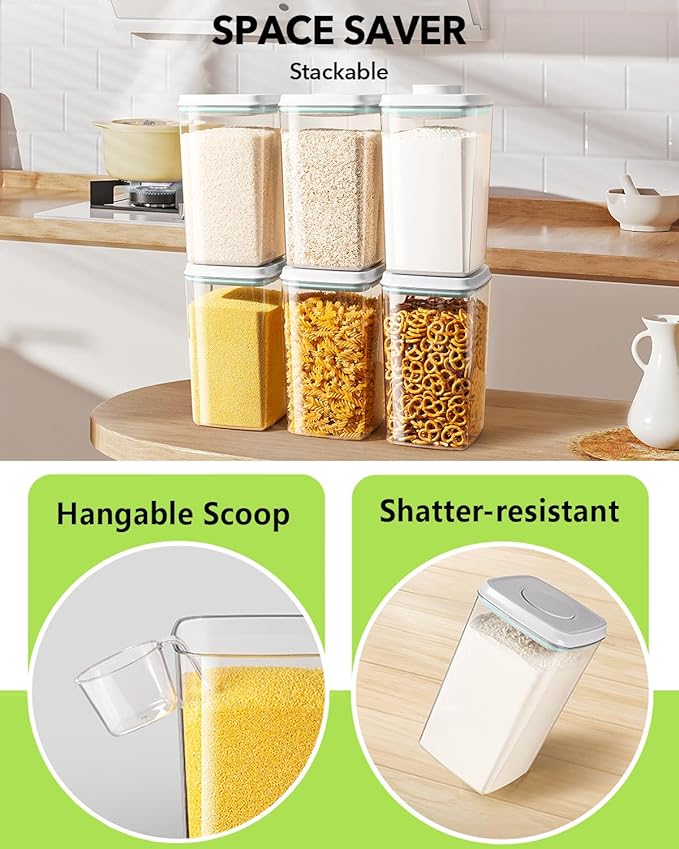 Airtight Food Storage Container with Pop Lid & 130ml Scoop, 4L/4.2qt *2 BPA-Free Cereal, Rice, Flour, Pasta & Snack Container, Stackable & Durable,Kitchen Pantry Organizer