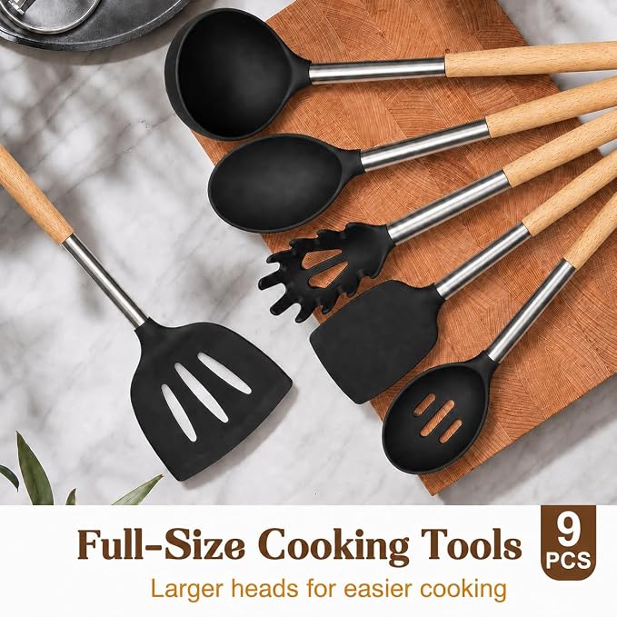 Silicone Kitchen Utensils Set, 9 Pcs Full-Size Non-Toxic Cooking Utensils with Wooden Handles & Stainless Steel Core, Heat Resistant Food Grade Kitchen Gadgets for Nonstick Cookware