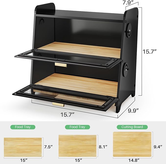 SNTD 2 Tier Bread Box for Kitchen Countertop, Adjustable Ventilation, Black | Bamboo Cutting Board, Airtight Design, See-Through Magnetic Door, Bread Storage Container for Homemade Bread, Multi-purpose