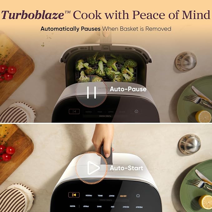 Cosori TurboBlaze Smart Air Fryer 6 Qt, Shake Reminders, 9-in-1, Cream | 90°–450°F, 5 Fan Speeds, 9 in 1 Air Fry, Roast, Bake, Broil, Dry, Frozen, Proof, Reheat, Keep Warm, Remote Control, nonstick