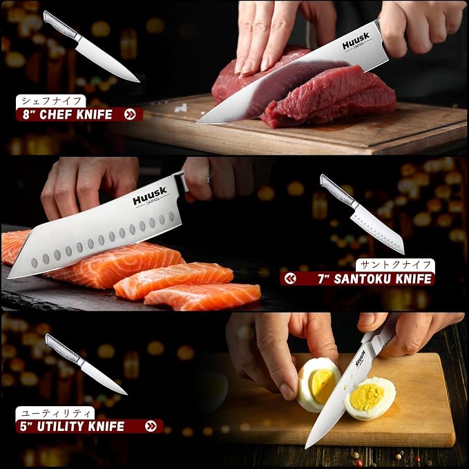Huusk Chef Knife Set of 3, Japanese Stainless Knife Set Dishwasher Safe | Ultra Sharp Kitchen Knives Sets with Ergonomic Anti-slip Handle, Professional Cooking Knives Sets, Homewarming Gifts
