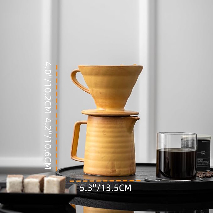Pour Over Coffee Maker,Ceramic Coffee Maker With 40 pcs Paper Filter，15oz/450ml Pour Over Coffee Dripper (Yellow, V02)