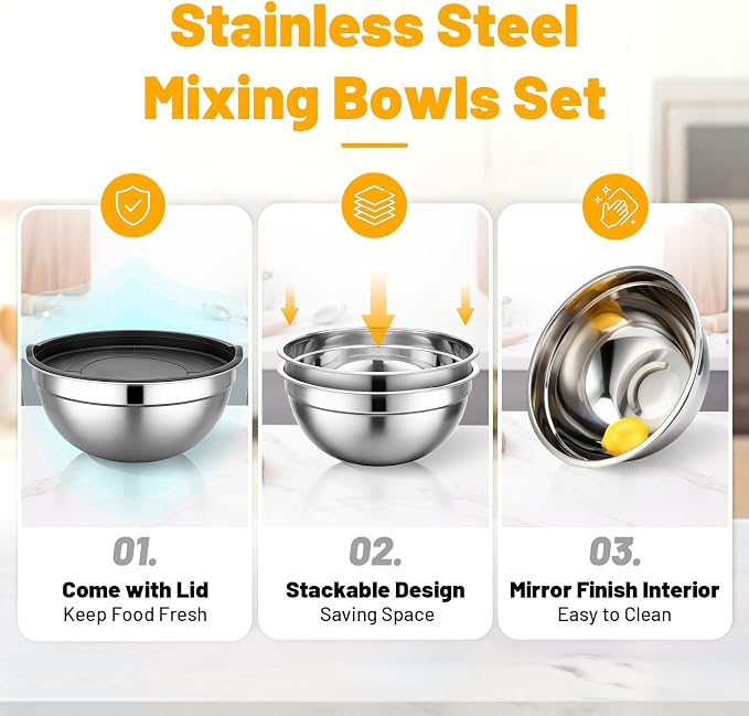 Beasea Stainless Steel Mixing Bowl with Lids, 2 Pack 5 QT Metal Large Stainless Mixing Bowls with Lids Set, Stackable Baking Bowl for Kitchen, Meal Prep, Serving and Cooking