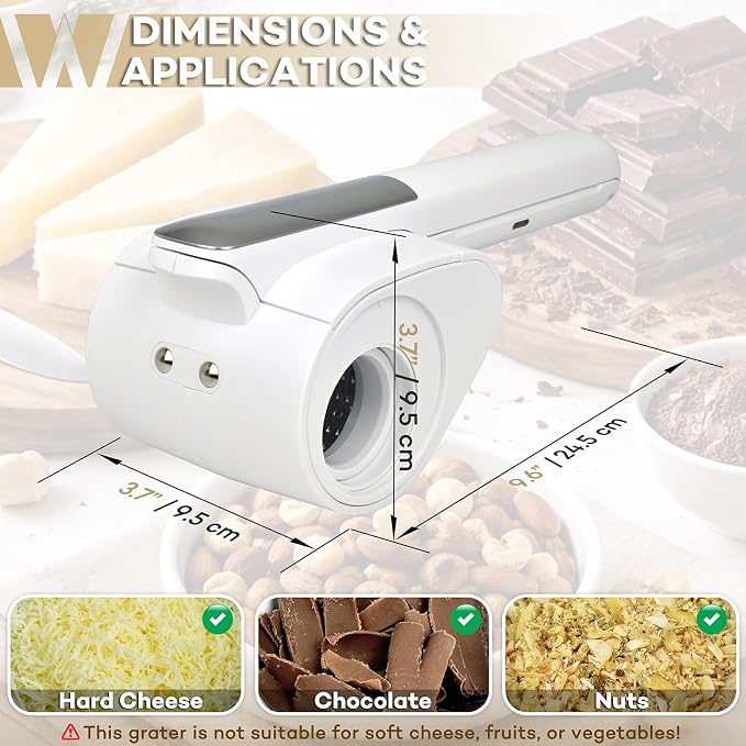 Electric Cheese Grater for HARD Cheeses (NOT Cheddar!) - Wongle Automatic Handheld Electric Cheese Grater for Parmesan Cheese, Cordless with USB-C Charging Station (White)