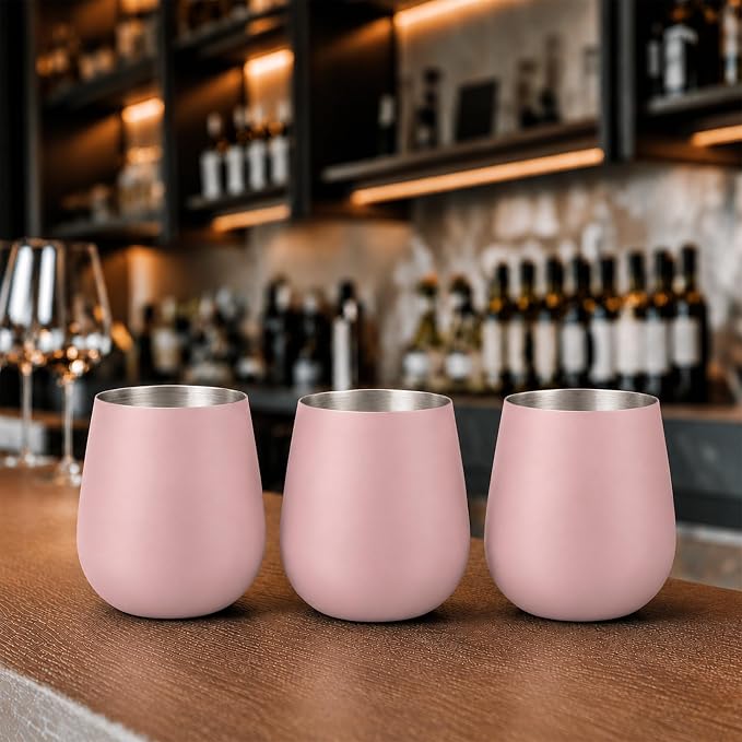 K&K Home Stainless Steel Unbreakable Stemless Wine Glasses - 15 oz - Set of 4 Colored, Stemless Metal Wine Glasses Perfect for Outdoors, Weddings, and Parties (Pink)
