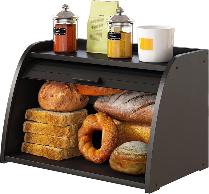 Black Bread Box for Kitchen Countertop, Bamboo Wood Bread Box, Wooden Corner Bread Storage Capacity
