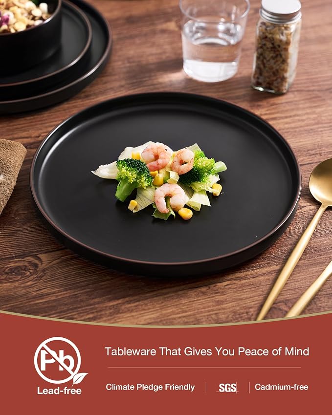 Famiware Nebula Ridge 18-Piece Stoneware Dinnerware Set, Matte Black | Plates and Bowls for 6, Warm Hand-Painted Rims, Microwave and Dishwasher Safe, Daily Essentials
