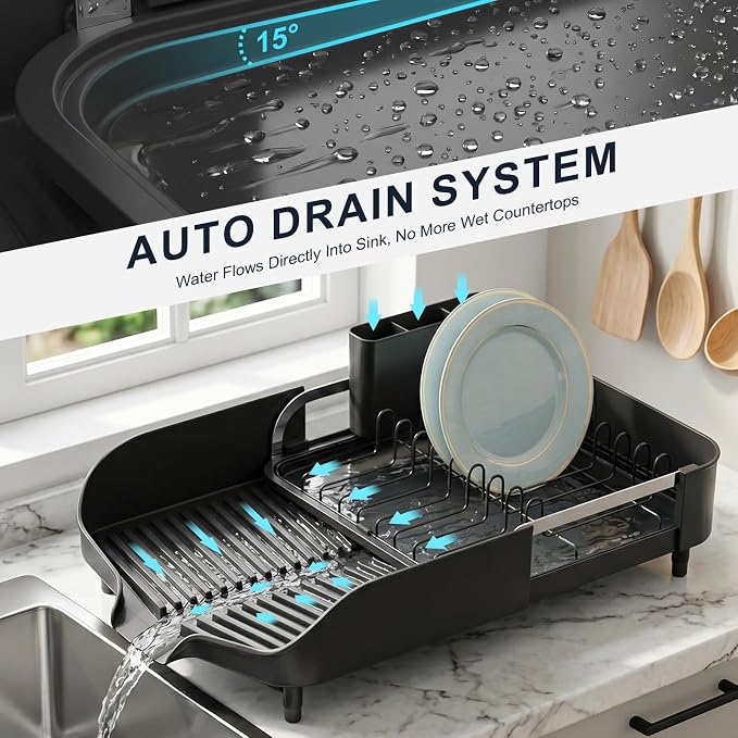 PULIDIKI Dish Drying Rack, Expandable Dish Rack for Kitchen Counter | Stainless Steel Dish Drainer with Utensil Holder, Kitchen Plate Organizer for Cup and Bottle