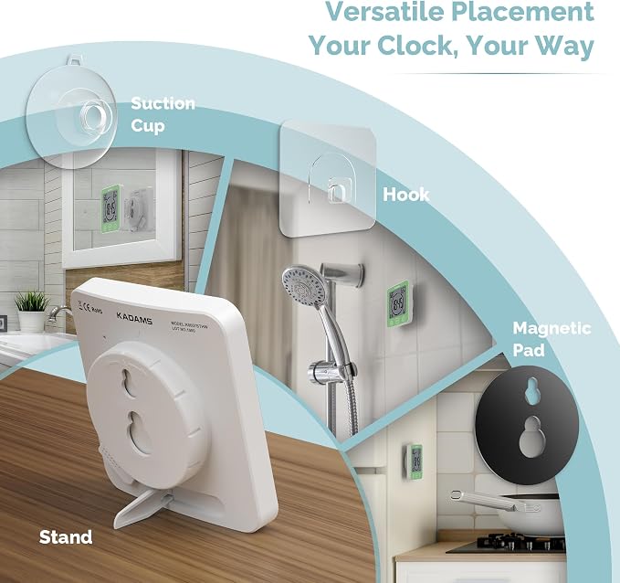 KADAMS Shower Clock Waterproof Bathroom Timer – Digital Wall Clock with Countdown, Magnetic Kitchen Clock with Temperature & Humidity, Suction Cup for Kids Shower Spa Cook Bath (Green)