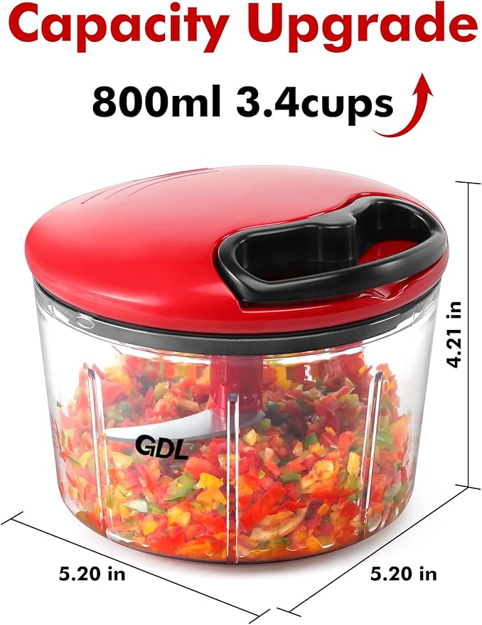 GDL Food Chopper, Vegetable Chopper, Pull String Onion Chopper Dicer, 800ML | Manual Chopper Dicer for Oinon, Garlic, Nut, 420 Stainless Steel Blade, Dishwasher Safe, Fast Cutting, Anti-Slip Base, No BPA