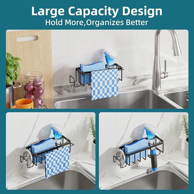 TAILI 4-in-1 Sink Caddy for Kitchen Sink with Strong Suction Cup-Black | Removable Sponge Holder for Kitchen Sink Organizer, Rustproof 304 Stainless Steel Holder for Sponge, Brush, Scrubber, Scraper