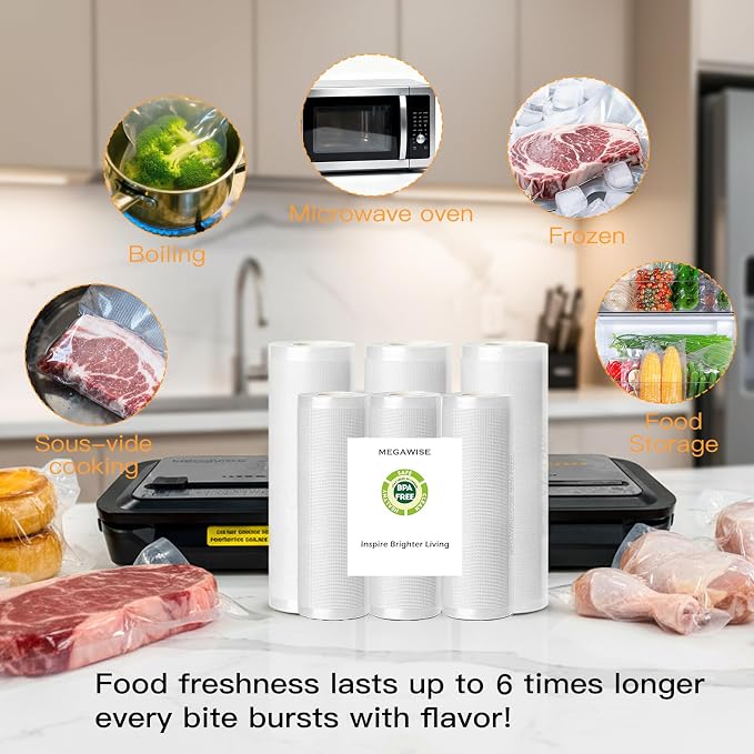 MEGAWISE Vacuum Sealer Bags Replacement for the MEGAWISE Vacuum Sealer Machine, 8 x 21.6-inch BPA-Free Food Storage Bags, for Sous Vide and Meal Prep