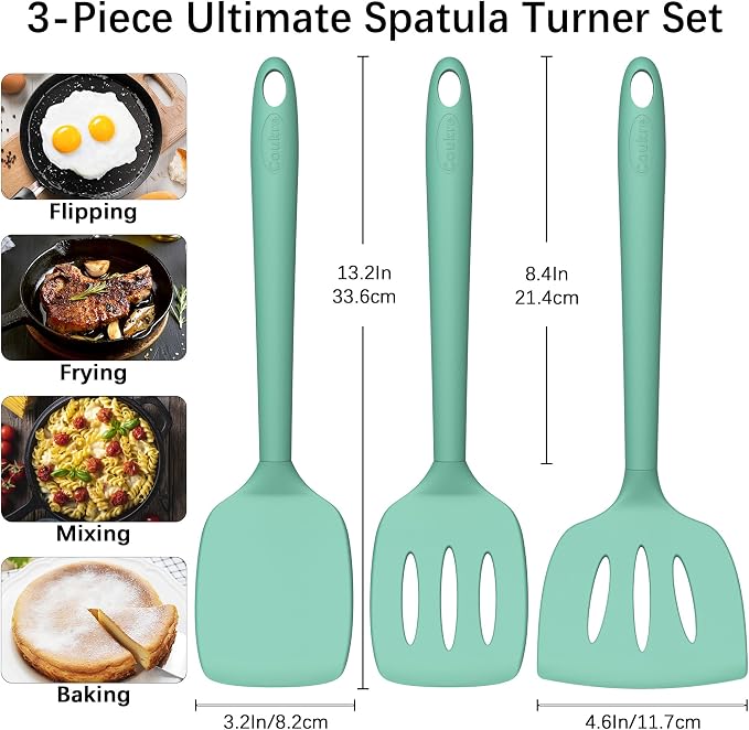 Coukre 3 Pack Silicone Spatula Set, Heat Resistant to 500°F, BPA-Free | Fish Spatula, Solid & Slotted Turners, Dishwasher Safe, Spatula Set for Eggs, Pancakes, Fish & Burgers, PureAquaGreen