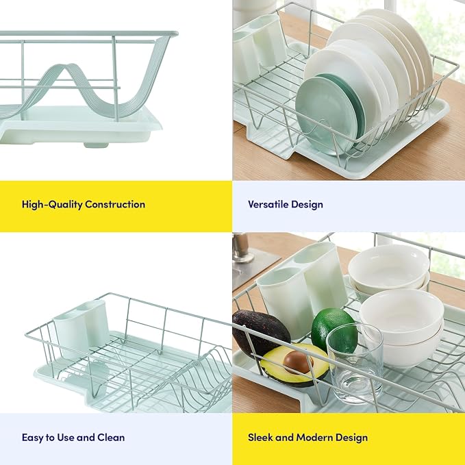 Sweet Home Collection Space-Saving 3-Piece Dish Drainer Rack Set: Efficient Kitchen Organizer for Quick Drying and Storage - Includes Cutlery Holder and Drainboard - Maximize Countertop Space, Mint