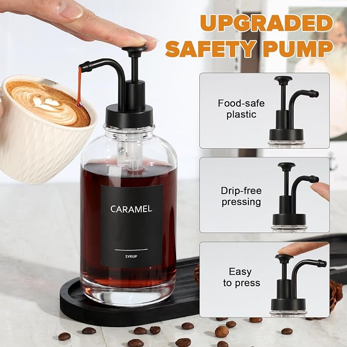 Syrup Dispenser for Coffee Bar, Glass Syrup Dispenser with Pump, 16.9 fl oz Honey Bottles, Labels, Spoons, Coffee Art Pen, 3 Pack