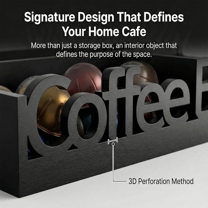 Coffee Bar Organizer Countertop,Wood Caddy with Compartments for Pods,Black | Coffee Pods, Sugar Packets, Stir Sticks & Cups