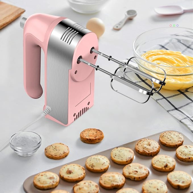 Hand Mixer Electric, 450W Kitchen Mixers with Scale Cup Storage Case, Turbo Boost/Self-Control Speed + 5 Speed + Eject Button + 5 Stainless Steel Accessories, For Easy Whipping Dough, Cream, Pink