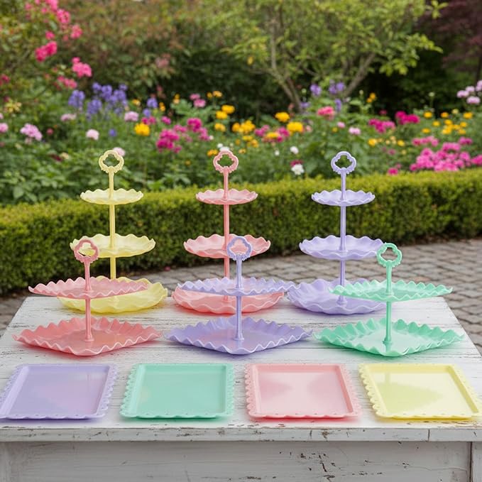 Pack of 11 NWK Cupcake Stand Set with Table Cloth (Colorful) | Includes 3 x 2-Tier & 3 x 3-Tier Cupcake Stands, 4 Appetizer Trays, Plus 1 Tablecloth. Ideal for Parties, Colorful Design