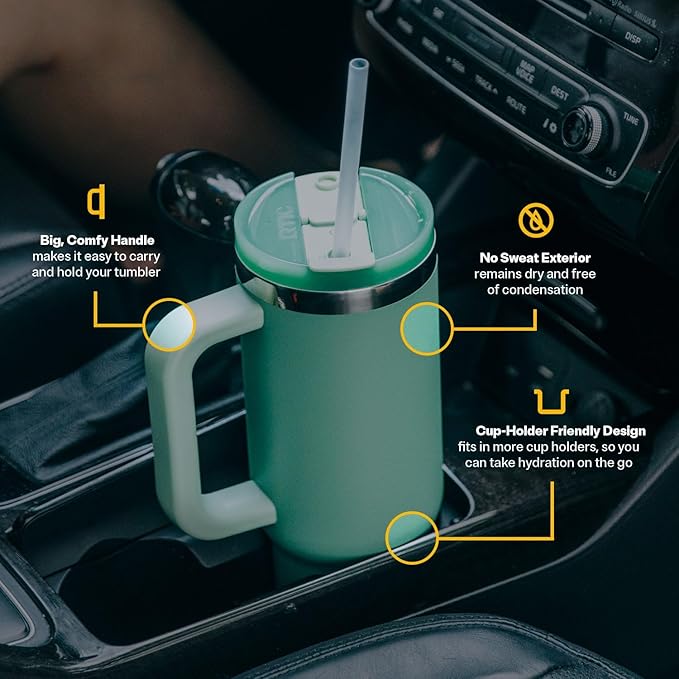RTIC 40 oz Road Trip Tumbler Double-Walled Cermaic Lined Insulated Stainless Steel Portable Travel Coffee Mug Cup with Lid, Handle and Straw, Red Plaid