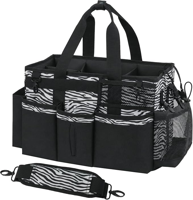 SCAVATA Wearable Cleaning Caddy, Cleaning Caddy Supplies Organizer with Handle & Shoulder Straps for Housekeepers, Under Sink & Car Cleaning Tool Organizers Bag with 4 Foldable Divider (ZebraStripe)