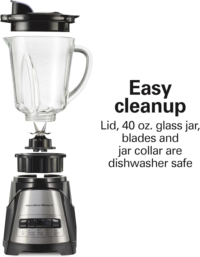Hamilton Beach Power Elite Blender For Smoothies With Wave Action System | 40 oz. Glass Jar | 12 Functions Including Puree, Crush Ice | 700 Watts | Black | 58148AG