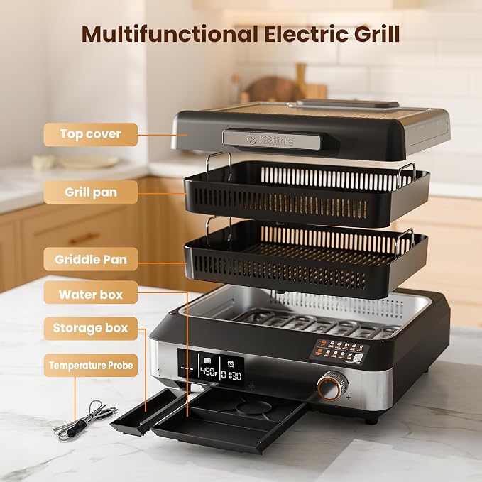 Kismile 2-in-1 Smokeless Electric Grill,Digital Display,Meat Probe,Nonstick | Indoor Grill and Griddle Combo,Dishwasher Safety,Temperature Control for Steak, Pancakes, Bacon
