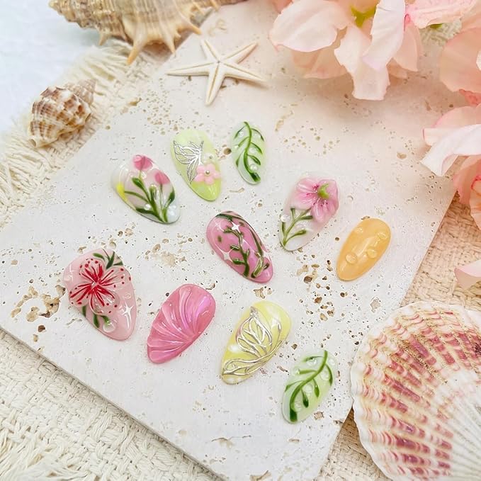 3D Floral Press on Nails Short Almond Fake Nails with Embossed Flower Butterfly Leaf Design Summer Cute Glue on Nails Reusable Acrylic Stick on False Nail Tips for Women Girls Manicure 30Pcs