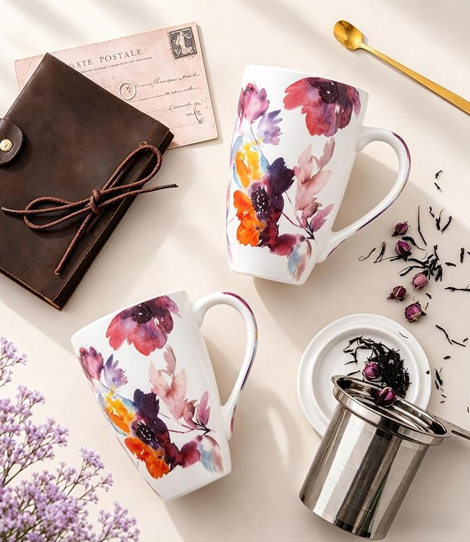 AmorArc Tea Cup With Infuser and Lid, 18oz Loose Leaf Tea Mug With Steeper | Porcelain Tea Mug With Infuser and Lid, Strainer Tea Cup for Tea Lovers, Home & Office, Housewarming Birthday Gift