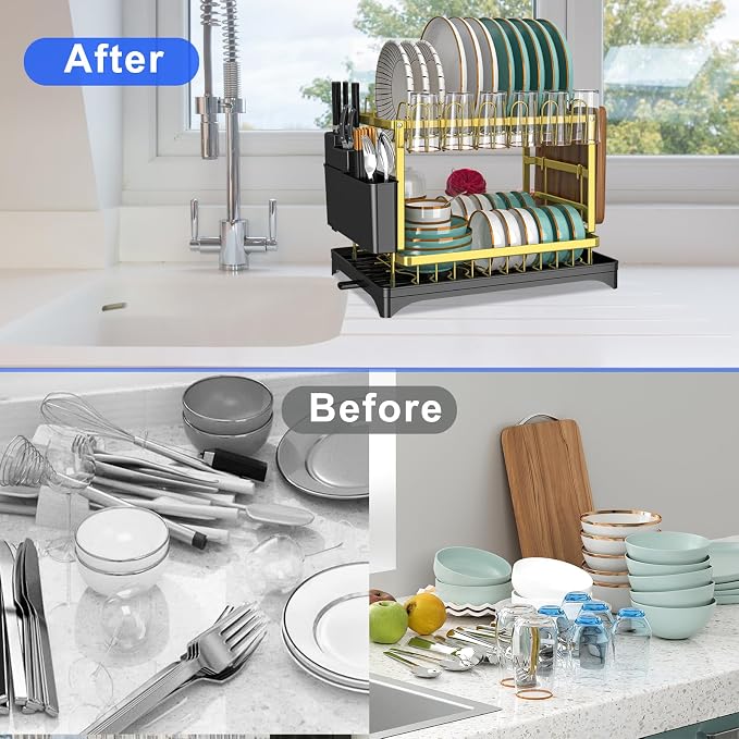 Dish Drying Rack Gold, Multifunctional Dish Racks for Kitchen Counter | with Drainboard 2 Tier Dish Drainer Large Capacity for Knifes/Cup/Cutting Board