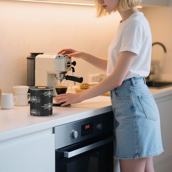 Halloween Spider Web Airtight Food Canister, 30oz Stainless Steel Storage Jar for Coffee Beans Tea Grains Snacks, Kitchen Organizer Decor