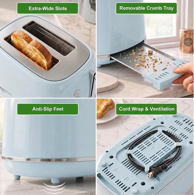 Retro 2 Slice Stainless Steel Toaster with 6 Bread Shade Settings, Bagel, Cancel, Defrost Function, Extra Wide Slot, Removable Crumb Tray, Blue