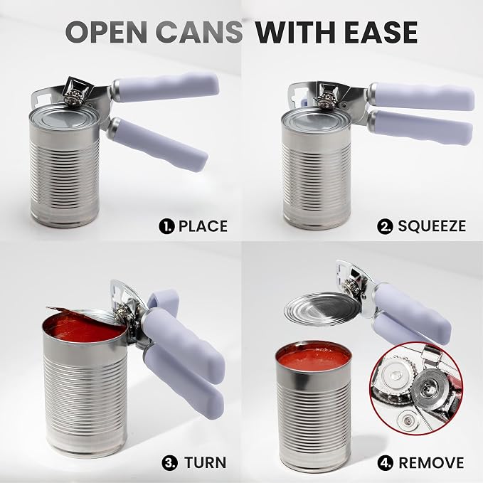 Zulay Kitchen Heavy Duty Stainless Steel Can Opener Manual with Bottle Opener - Rust Proof Manual Can Opener With Turn Knob & Comfy Soft Grip Handles - Airy Lilac