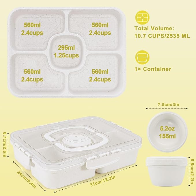 Large Snackle Box Container with Dip Container, 5 Compartments Snack Container with Lid and Handle, Veggie Fruit Divided Serving Tray for Party, Picnic, Dishwasher Safe, BPA-Free