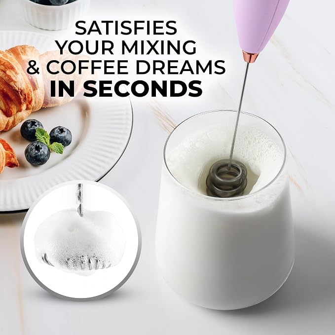 Zulay Kitchen Powerful Milk Frother Wand With Duracell Batteries - Ultra Fast Handheld Drink Mixer - Electric Whisk Foam Maker for Coffee, Lattes, Cappuccino & Matcha - Triple Whisk - Regal Lavender