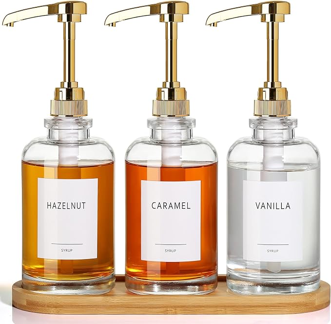 Coffee Syrup Dispenser, Glass Syrup Pump Dispenser for Coffee Bar Accessories, Maple Syrup Bottles with Tray, 16.9 fl oz Simple Syrup Bottles with 1/4oz Large Capacity Gold Pump