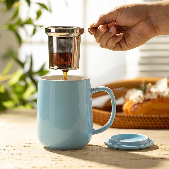 Sweese 20 OZ Porcelain Tea Mug with Infuser and Lid, Bluish Grey Tea Cup