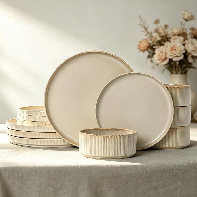 Stoneware Dinnerware Sets for 4, 12Pcs Ribbed Plates and Bowls Set, Beige | Handmade Reactive Glaze Ceramic Dishes, Microwave and Dishwasher Safe, Modern Minimalist Tableware for Everyday Use