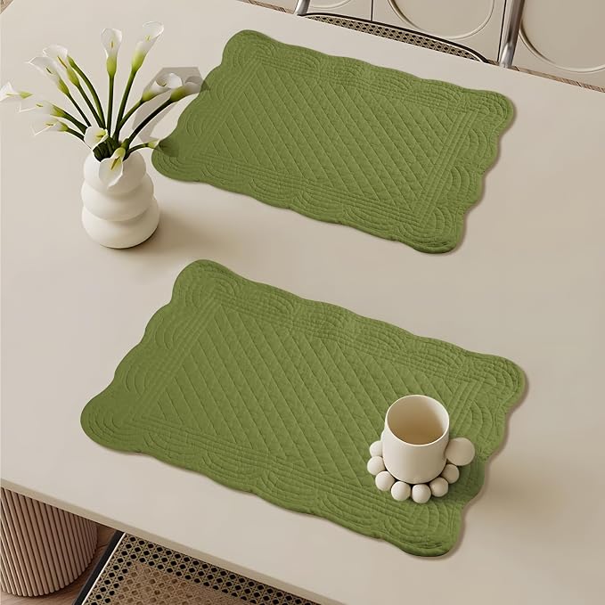 6 PC Quilted Placemats, 18"X13"Extra Large Cotton Placemats Set of 6, 100% Cotton Fabric Washable Cloth Table Mats for Kitchen & Dining Table - Soft &Easy Clean(Olive Green, Rectangular)