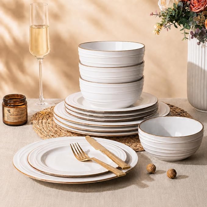 GBHOME Ceramic Dinnerware Sets,12 pcs Embossed Elegant Stoneware Plates and Bowls Sets, Housewarming Wedding Gift | Dishwasher & Microwave Safe | Dishes Set Service for 4 | Embossed Elegant Stoneware Dishes Set | Dishwasher & Microwave Safe | Service f...