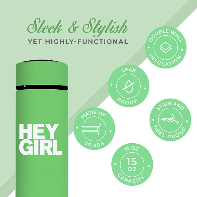 Hey Girl Tea Infuser Bottle 450ml - Insulated Stainless Steel Water Bottle - Tea Tumbler with Tea Diffuser - Portable Travel Mug for Loose Leaf Tea & Infused Water - Tea Lovers Gifts for Women