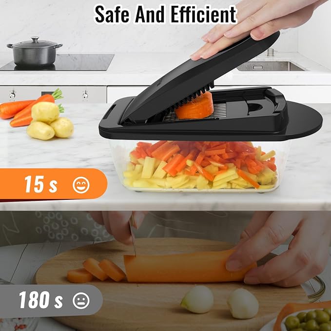 8 Blade All-in-1 Vegetable Chopper Mandoline Slicer with Container, Black | Food Chopper, Onion Chopper, Veggie Cutter for Salad, Kitchen Gadgets Accessories Essentials